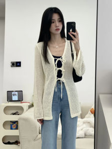 YUEZHONGWEI | Áo khoác cardigan dệt kim mỏng kiểu Pháp có chi tiết khoét sâu và tay áo cạp cao bằng lụa băng cho nữ mùa hè Áo khoác ngoài chống nắng
