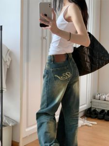 Quần Jeans Ống Rộng Cạp Lửng Phong Cách Đường Phố Mỹ Cho Nữ Cao 175 Cm Quần Dài Dài Đến Sàn Phong Cách Retro