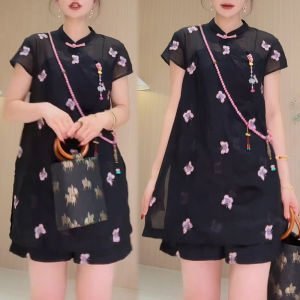 Shalldoer | Bộ đồ hai mảnh thêu bướm phong cách Trung Hoa mới dành cho nữ mùa hè 2025 Áo sơ mi và quần short cài nút cổ tròn tay ngắn