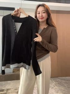 plus Size Shoulder T-Shirt Women Spring Autumn Slimming Color Block Belly Covering Base Shirt Inner Wear Top Commute Style Slim Fit Long Sleeve