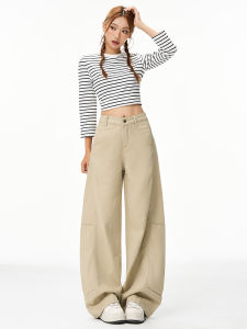 American Style Vintage Fleece Lined Khaki Wide Leg Denim Jeans Womens Brown High Waist Floor Length Straight Cut Trousers