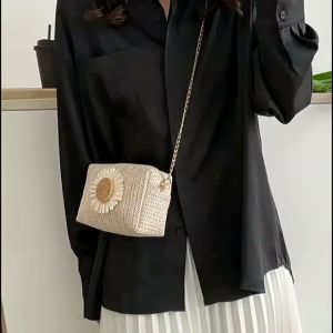 Tas Selempang Kotak Bahan Anyaman Bunga Matahari/Tas klasik Wanita Bahan Anyaman BAO112