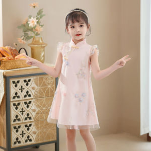 Girls Cheongsam Summer Tang Suit Hanfu Renovated Childrens Dress Spring Autumn Cotton Lining Polyester Fiber Skirt