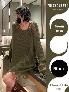 YUEZHONGWEI | Green Hollowed Out Distressed Knitted Sweater Women