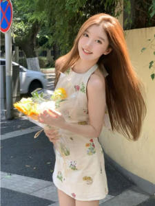 Sweet Floral Print Halter Neck Bodycon Dress Korean Style Summer Soft Wind Mini Dress for Small Figures Citywalk Suitable