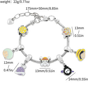 Bandai | Trendy Anime One Piece Wristband Zinc Alloy DIY Multi‑Charms Silver Tone Adjustable Chain for Daily Wear Cosplay Accessory