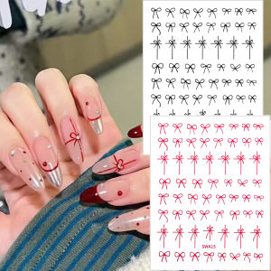 4Sheets Ribbon Bowknots Nail Stickers 3D Cute Bow Nail Tips Decora Decals White/Black/Pink Bowknots Nail Charms Adhesive Sliders