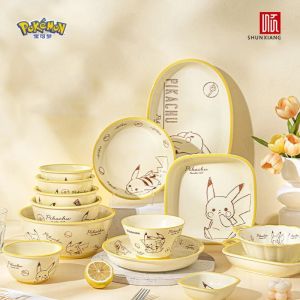 SHUNXIANG Pokémon Cartoon Ceramic Tableware Sets Cute Double Ear Plate Home Pikachu Pattern Dinnerware Sets Microwave Ovens Safe