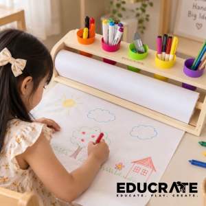 EducratePH Kids Wooden Art Paper Roll Holder with 5 Storage Cups and Paper| Drawing & Craft Organizer