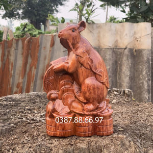 Tượng con chuột linh vật tuổi tý cao 15 20cm chất liệu gỗ hương cực đẹp