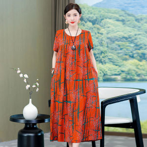 Váy Vải Lụa Cotton Cao Cấp Mùa Hè 2025 Váy Đi Biển Cho Mẹ Váy Dài Thường Ngày Mùa Hè Váy Dài Cổ Tròn Dáng H in Họa Tiết Hoa