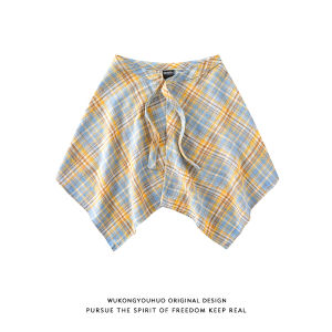 WUKONGYOUHUO | Quần Short Phong Cách Hip Hop Đa Lớp Vàng và Xanh Kẻ Sọc