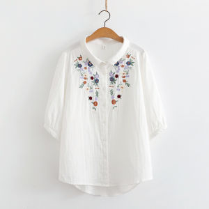 Áo Sơ Mi Cotton Dài Tay Thêu Hoa Phong Cách Nghệ Thuật Mùa Hè Cho Nữ Áo Sơ Mi Cotton Tay Giữa Thường Ngày Dáng Rộng Cổ Vuông