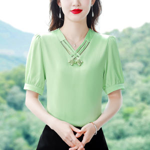 Silk Blend Chiffon Shirt Womens Short Sleeve Summer Fashionable Belly Covering Top Mom Youthful Large Size Bubble Sleeve V-Neck