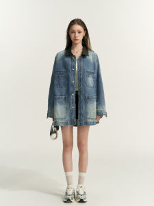 VANMYTH Retro Collar Multi-Pocket Denim Jacket Spring Summer New Style Loose Fit Long Sleeve Single Button Closure Pure Color