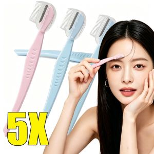 5pcs Facial Eyebrow Razor with Built-in Comb / Durable Stainless Steel Eyebrow Trimmer / Practical Cosmetic Tool for Precise Eyebrow Shaping & Hair Grooming