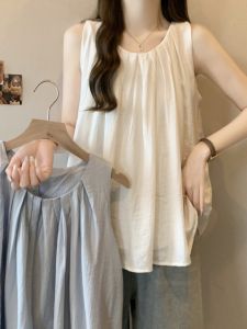 plus Size Womens Summer New Style 2025 Elegant Pleated round Neck Vacation Style Solid Color Vest Loose Top Shirt