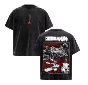 Bandai | Anime Chainsaw Man Denji Graphic T-shirt Vintage Washed T Shirt Men Women Clothing Pure Cotton Short Sleeve Tees