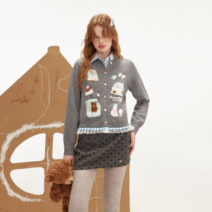 Unifree | Autumn New Fashion Korean Style Grey Lace Trim Knit Cardigan for Petite