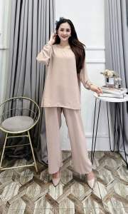 Oneset Tunik Amira Panjang Crinkel Viral Kekinian/Setelan Tunik Lengan Panjang Crinkel Terbaru