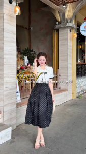 Đầm thiết kế BEMINE cổ sơ mi phối nơ in bi dáng dài phù hợp đi làm-B539