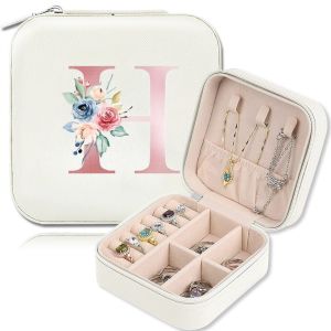 Hộp Đựng Trang Sức Bằng Da PU Họa Tiết Hoa Trắng Có Chữ Cái A-Z Đựng Bông Tai & Nhẫn Di Động Quà Tặng Cho Phụ Nữ Trong Nhiều Dịp Khác Nhau