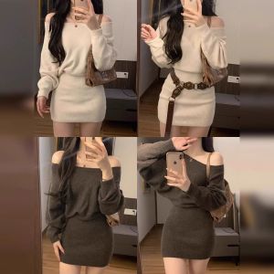 HUOLISI | Gray Irregular Off-shoulder Slim Fit Knit Dress