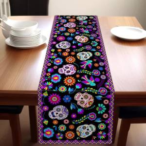 Mexican Day of the Dead Sugar Skull Floral Table Runner Party Kitchen Sideboard Dresser Fiesta Holiday Home Ornament