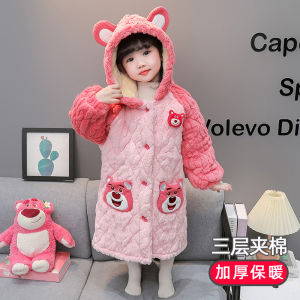 Girl Pajamas Winter Thickened Three-Layer Quilted Kids Coral Fleece Home Wear Baby Girl Winter Can Be Outwear
