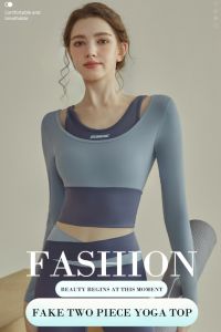 HOLA Women Sport Shirt Fake Two Pieces Contrast Crop Tops Tight Gym Yoga Shirts For Running Training