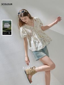 3COLOUR·S | Floral Peter Pan Collar Puff Sleeve Cotton Shirt