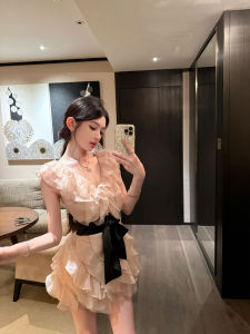 Good Morning Fan Fan Flower Mist Heavy Work Lace Dress Butterfly Knot Net Short Skirt Womens Fashion Fairy Tale Style