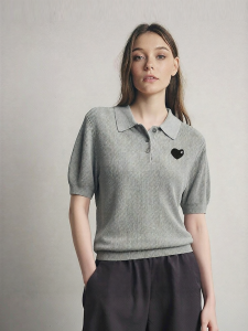 AMII | Polo Collar Half Placket Heart Label Tencel Knit Top Womens Blouse