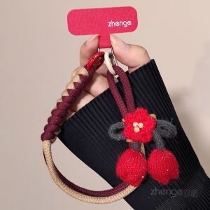 ZHENGEGE | Cute Wool Tulip Bow Short Phone Wrist Strap Cotton Braided
