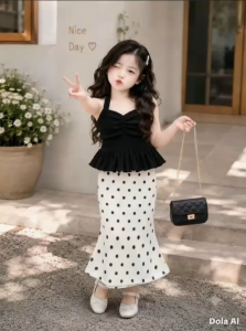 Set chân váy phối áo quàng cổ nhúng bèo cho bé gái (7-22kg)