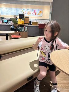 Cute KT Cat Summer Outfit for Girls Childrens Clothing Set Black Short Sleeve T-Shirt And Shorts Two-Piece Korean Style Kids Ensemble