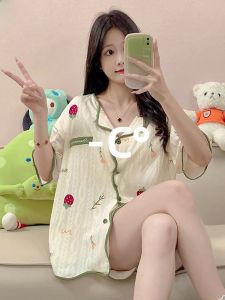 MiiOW | Bộ đồ ngủ lụa băng mùa hè cho nữ tay ngắn quần short có đệm ngực mặc ở nhà có thể mang ngoài trời bộ đồ ngủ ngọt ngào dễ thương