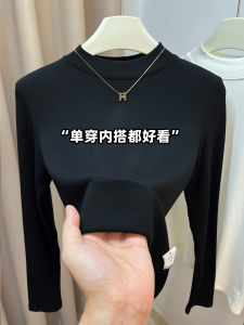 Slim Fit Long Sleeve T-Shirt Womens Small Stand Collar Base Layer Shirt Black Shoulder T-Shirt Commute Style Pure Color