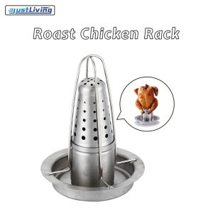 JustLiving Chicken Roaster Stand Stainless Steel Beer Can Vertical Chicken Holder with Drip Pan Upright Chicken Barbecue Rack for Thanksgiving Day/ Christmas/ BBQ Party and More