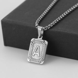 Mens 18K Gold Square Double-Sided 26 English Letter Pendant Titanium Steel Jewelry Necklace