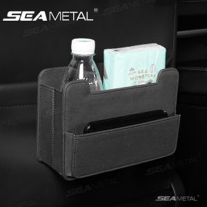 SEAMETAL Tiny Car Trash Can with Pocket Waterproof PU Leather Seat Back Storage Bag Foldable Hanging Car Organizer Dustbin Bin