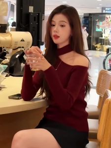 Elegant Red Knitted Sweater Womens Slim Fit Shoulder Bared Fashionable Inner Wear Casual Comfortable Neck Hanging Style