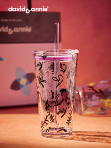 Davidannie Large Capacity Coffee Glass Cup Womens High Aesthetic Creative Water Cup with Lid Cold Drink Cup Printed Design
