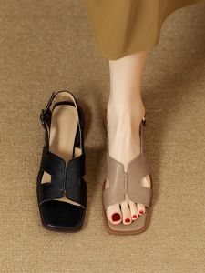 Comfortable Leather Roman Sandals Simple Design Open Toe Work Commute Low Heel Shoes Breathable Hollow out Youth Office Footwear