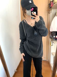 Loose Long Sleeve V-Neck Womens Knitwear Grey Washed Lazy Style Base Layer Top Fashionable Versatile Autumn Essential