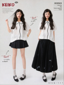 KEIKO | Retro Soft Dotted Short Sleeve Summer Blouse with Ribbons and Contrast Peter Pan Collar