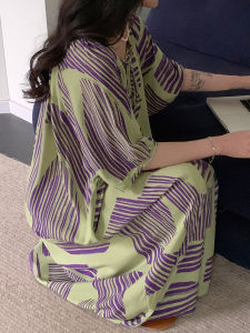 New 2024 Womens Cotton Silk Cheongsam Dress Summer Style Home Clothes Outdoor Wearable Floral Print round Neck Short Sleeve