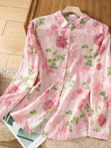 New Chinese Style Long Sleeve Floral Print Linen Shirt Women Loose Fit Turn-down Collar Top for Autumn Sweet Youthful