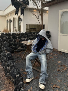 เสื้อสเวตเตอร์มีฮู้ดแบบมีซิป EPOWER Blue Plaid Double-Sided Wear Heavyweight 700g Cotton Jacket สำหรับคู่รัก ทรงหลวม ฤดูใบไม้ร่วง 2024