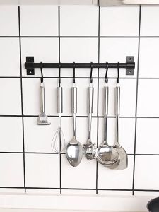 No Drill Space Aluminum Kitchen Hooks Organizer Wall Mounted Kitchen Ware Hooks Black Hole-Free Kitchen Hanging Rod Shelves